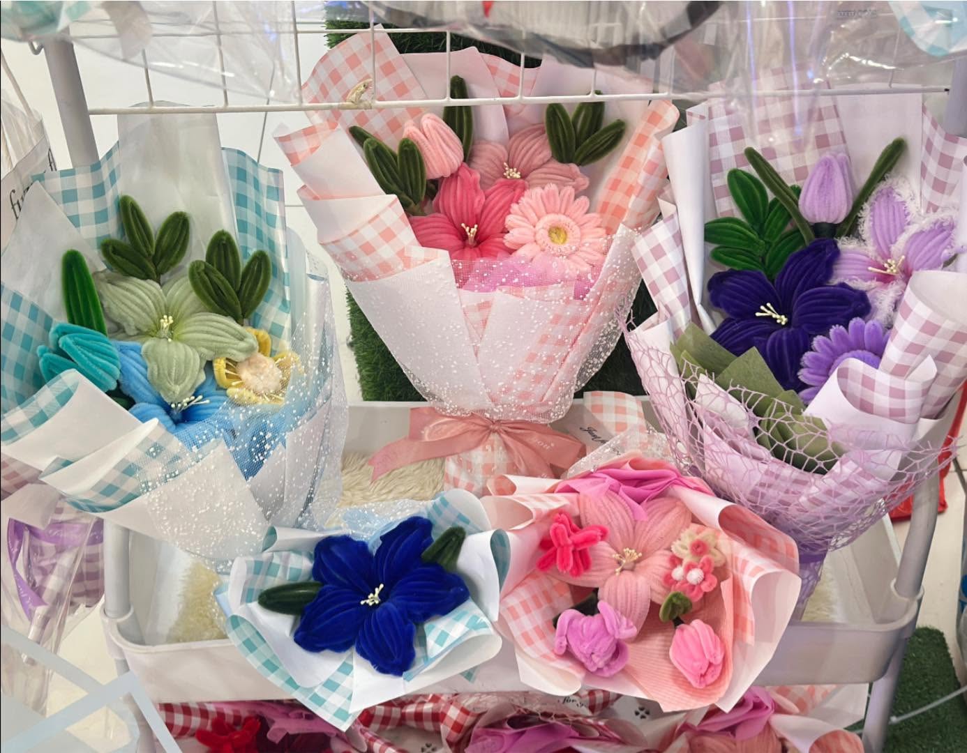 Handcrafted fuzzy-wire bouquets by Fuzzy Fleur
